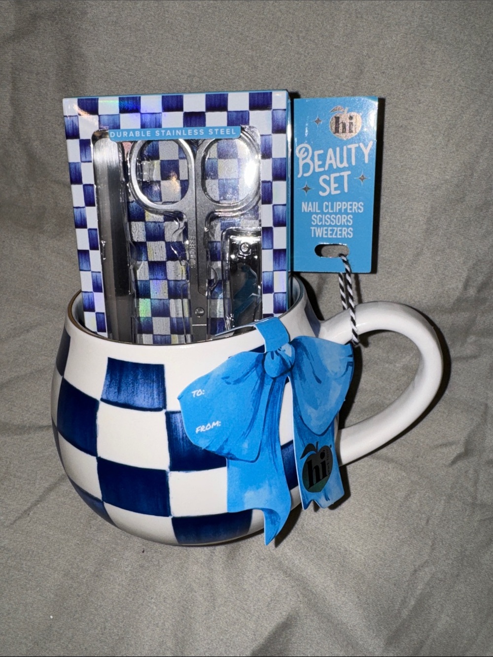Beauty Set in Blue Ceramic Mug - Nail Clippers, Scissors & Tweezers